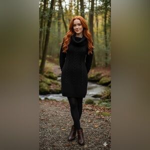 Guess by Marciano Black Wool Cable Knit Turtleneck Knit Dress Bobble Sleeve